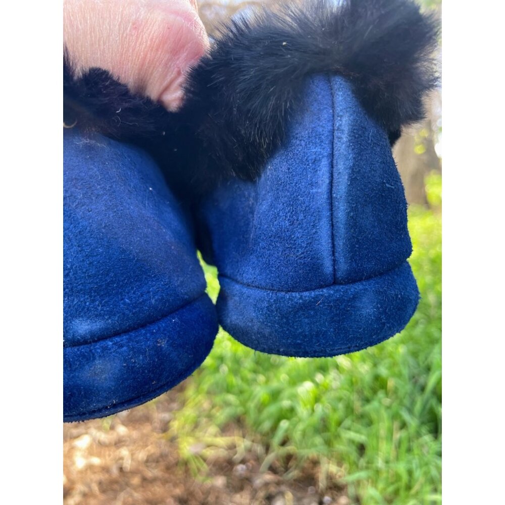 VIntage 1960s Canada Blue Red  Suede Fur Womens Moccasin Slipper Sz 8 - Picture 12 of 16
